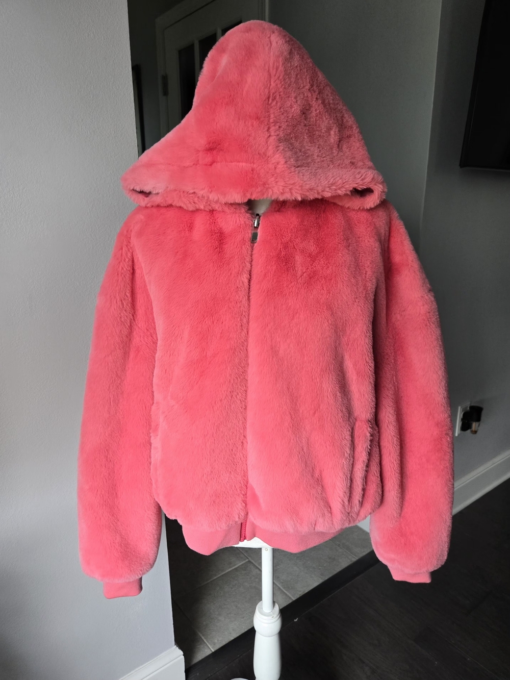 New York & Company Reversible Hooded Faux Fur Bomber Jacket Pink Coral XL